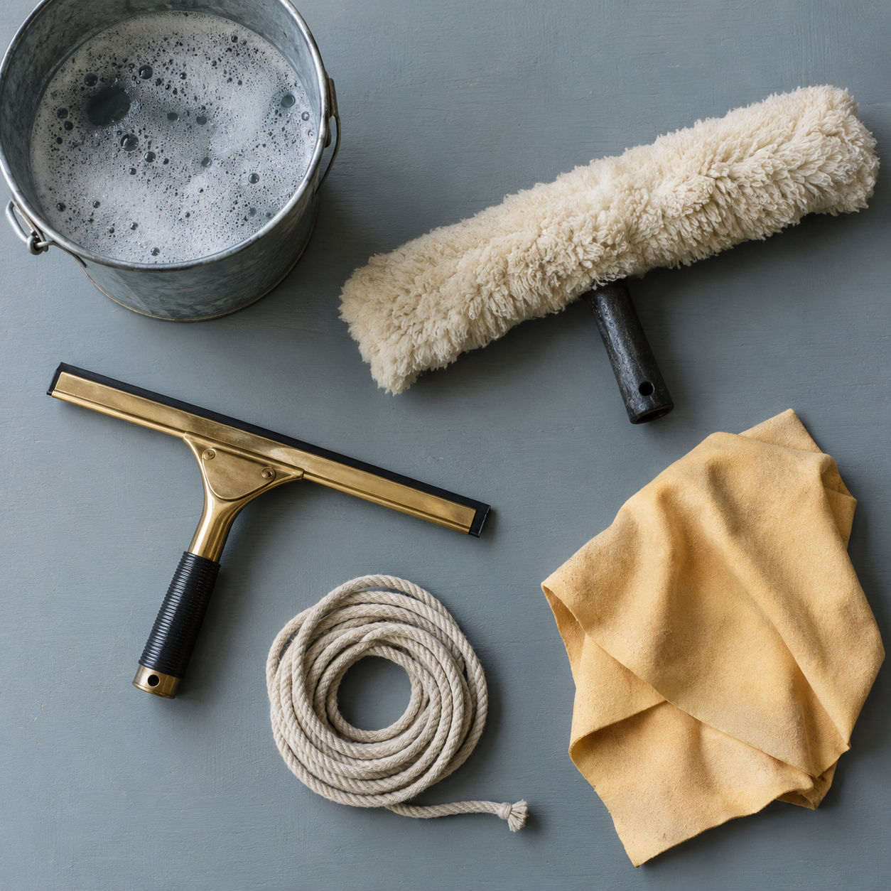 Gereedschap van een glazenwasser: wisser, inwasser, zeem en emmer op een grijsblauw blad
