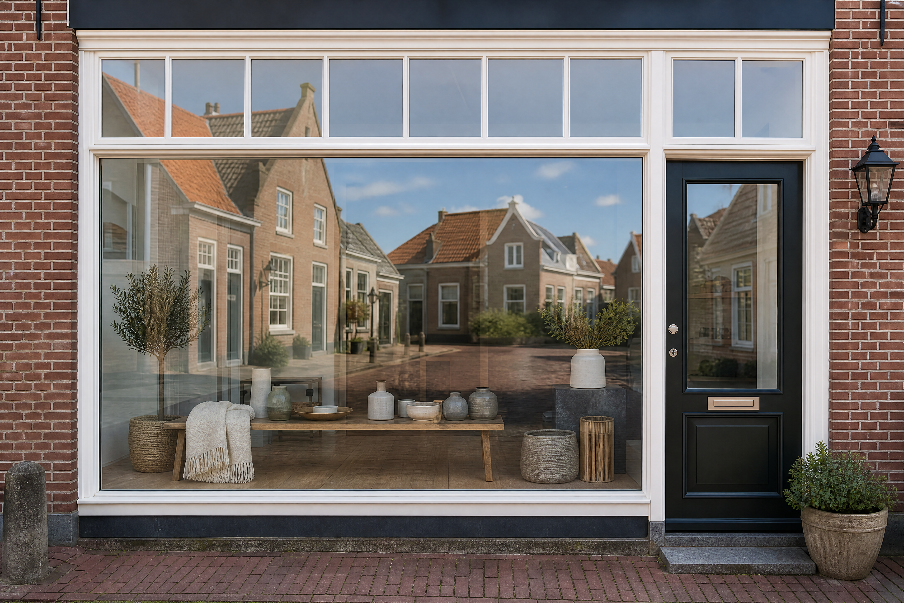 Schone winkelpui met een heldere ruit waarin de straat weerspiegelt
