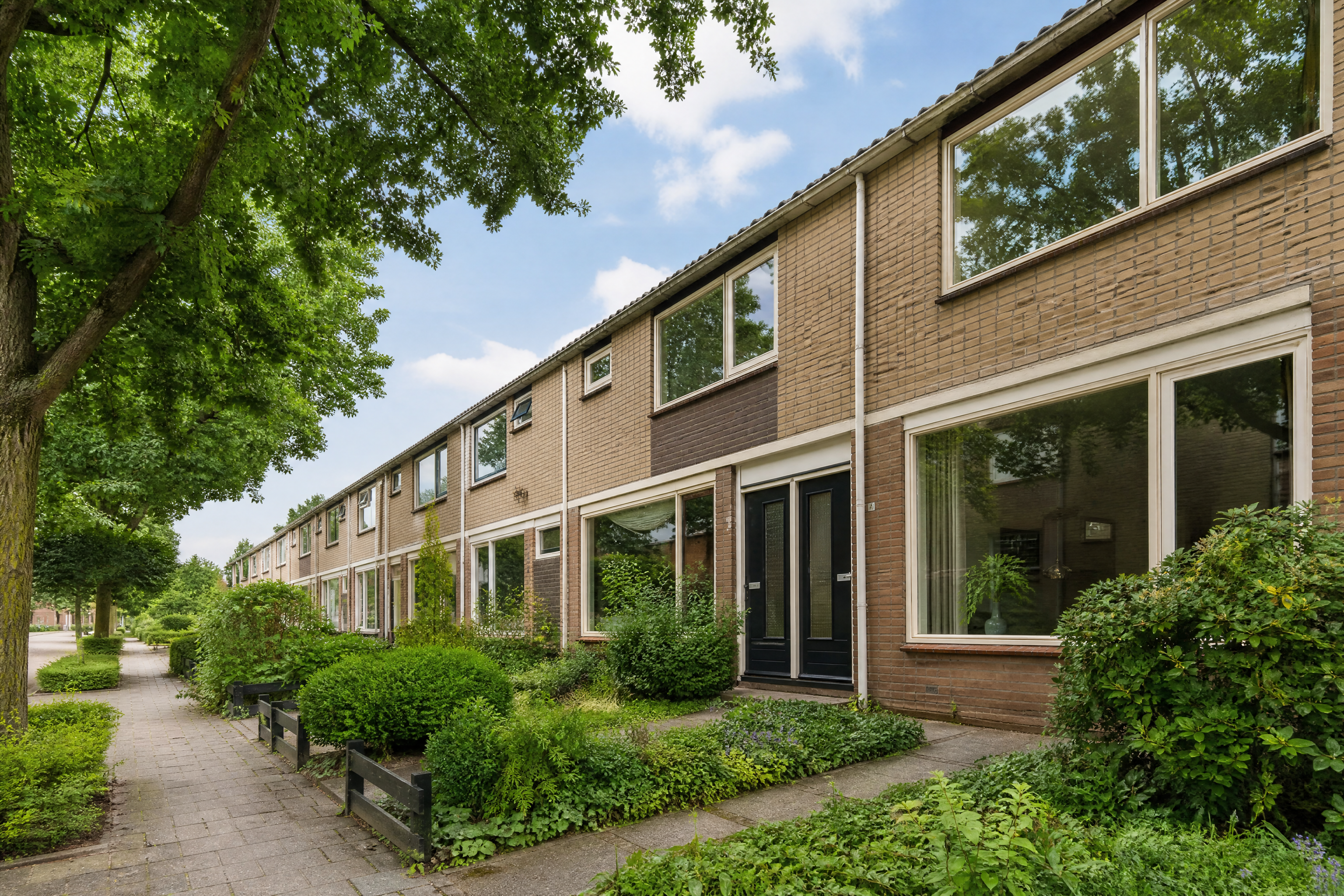Rij Nederlandse rijtjeshuizen met grote schone ramen in een groene straat